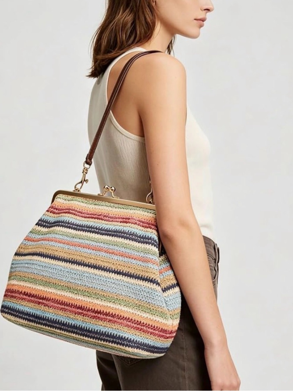 Amazon Multicolor Striped Handwoven Tote with Brown Strap and Gold Frame
